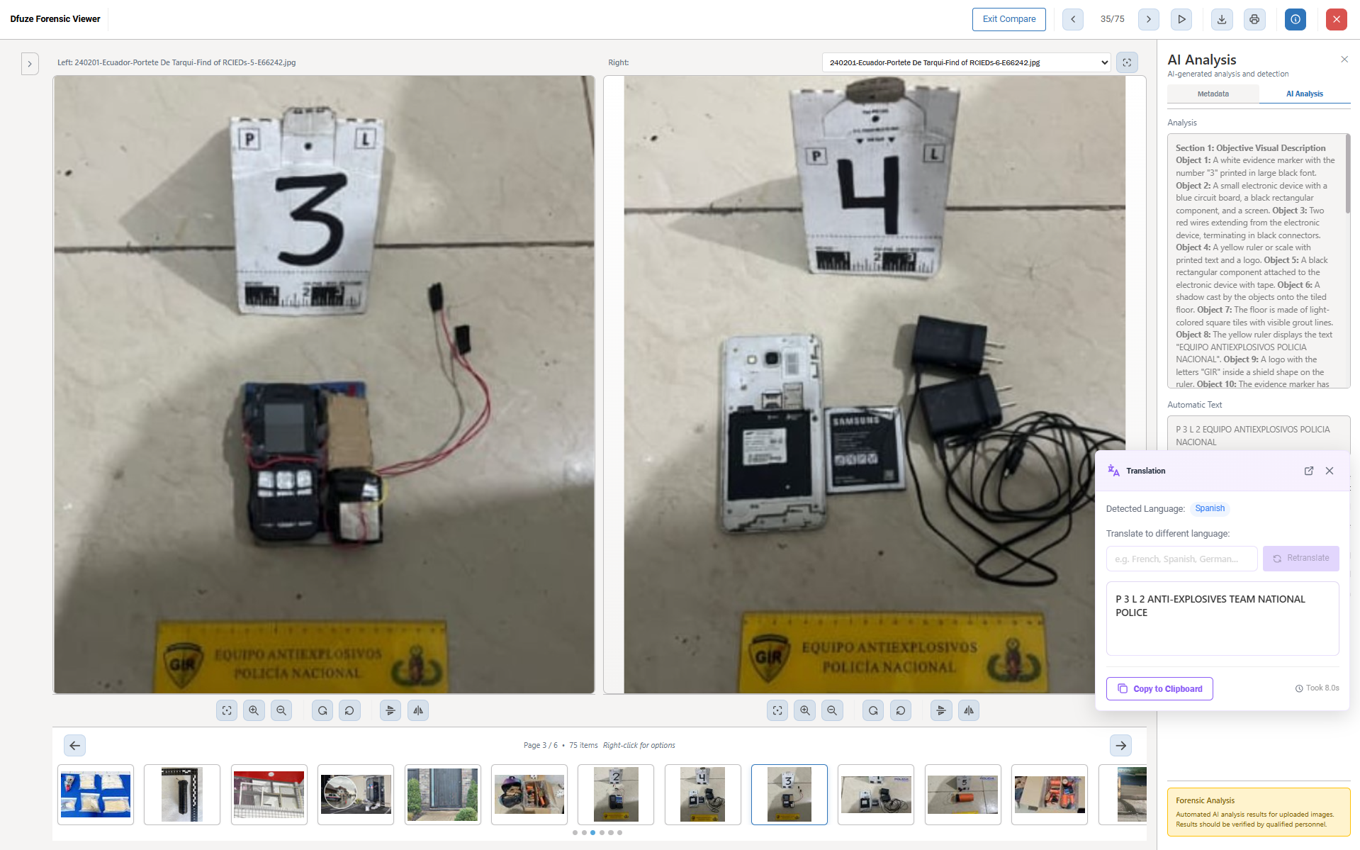 Dfuze Forensic Viewer showing side-by-side image comparison with AI analysis, object detection, and translation capabilities