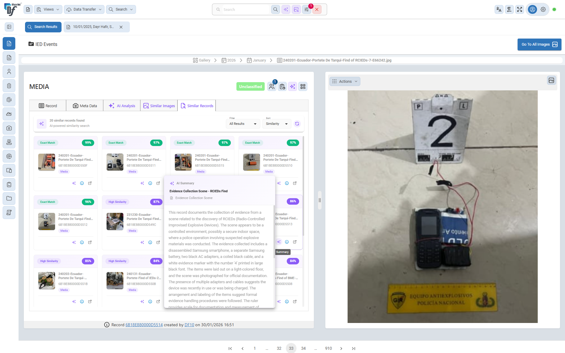 Dfuze Net showing AI-powered similarity search results with record summaries and confidence scoring