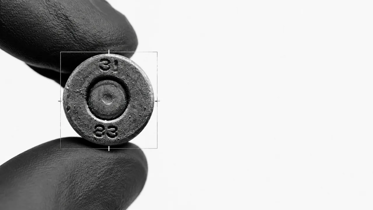Headstamp exploitation image showing cartridge base markings held between gloved fingertips